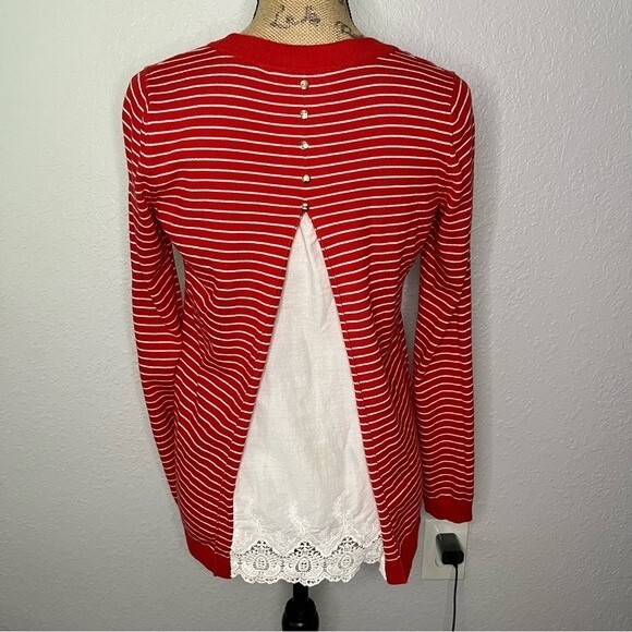 Boden Womens Size S Red Striped Lace Back Cotton Blend Long Sleeve Crew Sweater - Picture 11 of 11